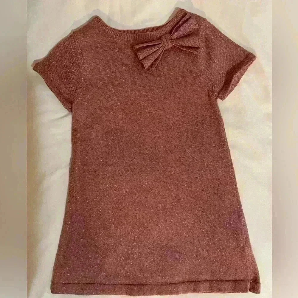 H&M Girls Kids Size 4T Short Sleeve Holiday Knit Dress with Bow Pink Glittery